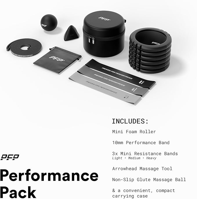 Mobility Pack, 6-Piece Workout Set - at Home & On-The-Go Exercise Recovery Tools - Foam Roller, Extended Performance & Mini Resistance Band, Massage Tool & Carry Case with Clip