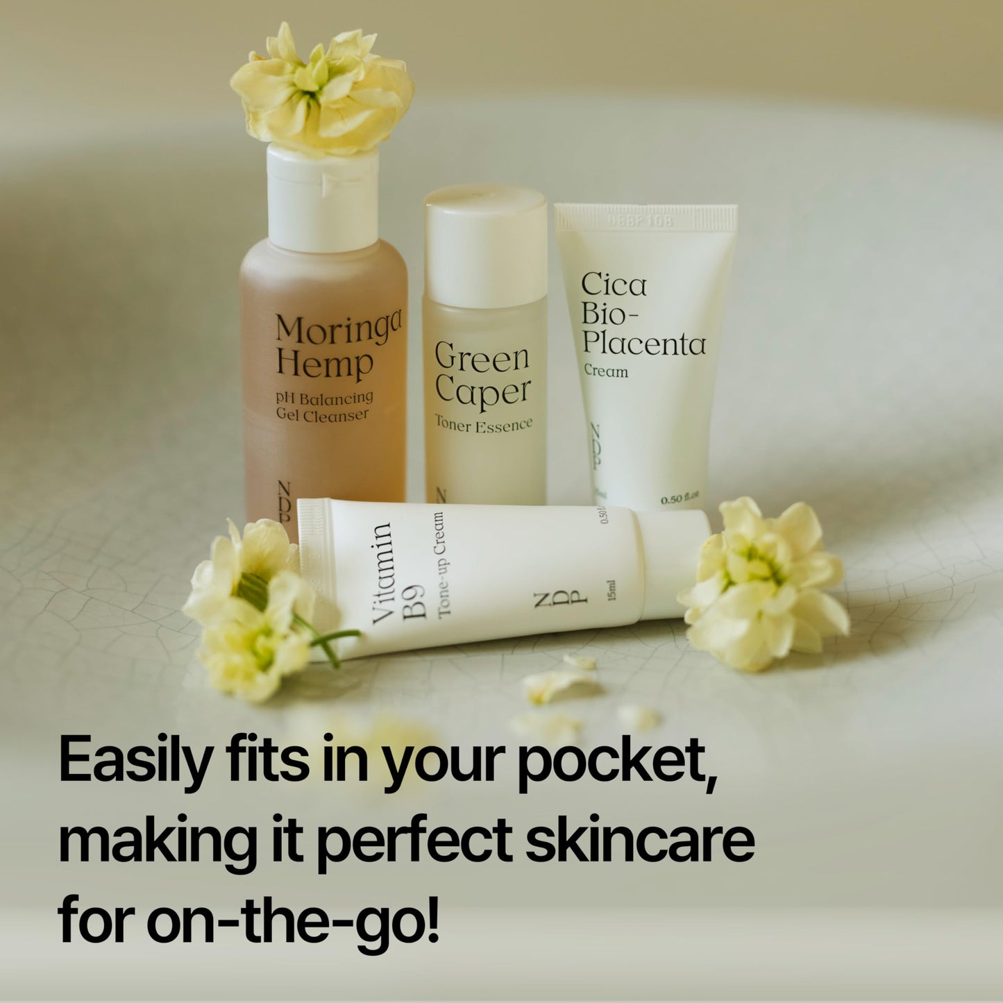 Natural Derma Project - Travel Kit - Mini Travel Size Skincare Essentials - Moringa Hemp Gel Cleanser, Green Caper Toner Essence, Cica Bio-Placenta Cream, B9 Tone-Up Cream (4 items)