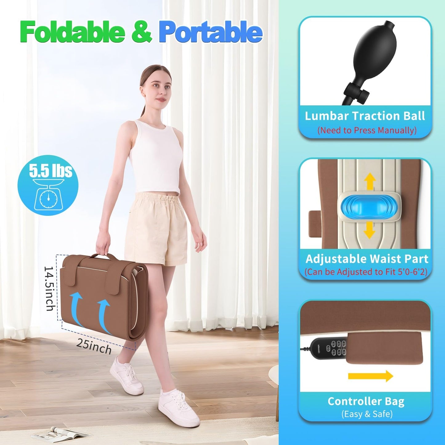 Full Body Massage Mat with Heat, Back Massage Pad with Lumbar Traction, Heating Pillow-Equipped, 4 Massage Modes & 6 Quieter Motors, Adjustable Waist to Fit 5'0-6'2, Foldable & Portable Design