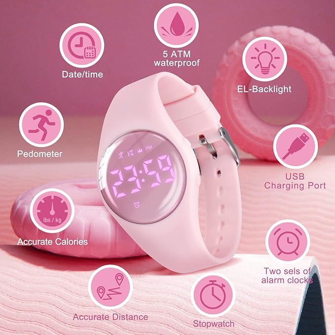 Kids Watches for Girls Boys Digital Sport Watch with Step Counter Pedometer Vibration Alarm Clock, No App Waterproof Fitness Tracker Kids Watch Boys Girls Teens Students Ages 5-16
