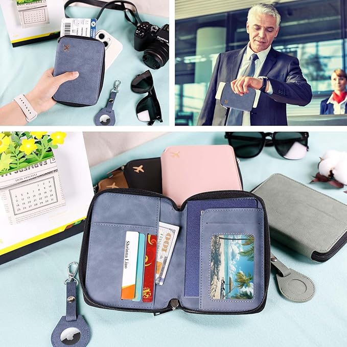 Cnycmy Passport Holder with Airtag,Passport-Wallet-Holder for Women, RFID Passport Holder with Slot Waterproof, PU Leather Travel Passport Case (Blue3)