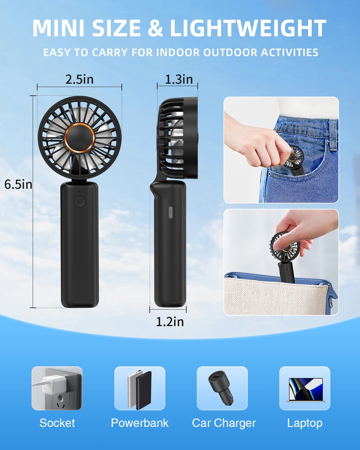 Hssio Portable Handheld Fan, Mini Desk Fan Foldable 2000mAh, 180° Ratotion, 3 Speeds, Ultra Quite, Up to 8H Long Use Time, Small Personal Cooling Fans Makeup Lash Fan for Women Girls