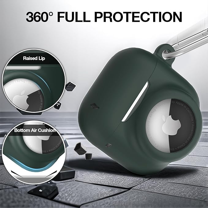 2 in 1 Silicone Case Compatible with AirPod 4 and AirTag, Shockproof Protective Skin Cover for AirPods 4th Generation with Cleaner Kit & Carabiner (Dark Green)