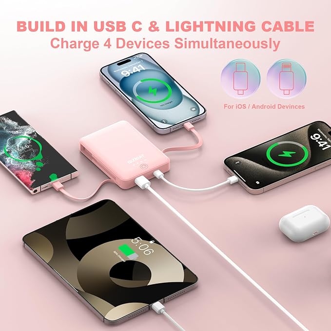 Power Bank,Pink Portable Charger w/Type C Charger Fast Charging & Built in USB C Cable,10000mAh 4 Outputs Battery Pack Clutch Charger for Apple iPhone17-11,Galaxy,Birthday Gifts for Women