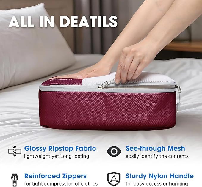 Compression Packing Cubes for Travel, 8 Set Packing Organizers with Zipper Pulls and Mesh Top Panel - Light-weight Travel Cubes for Carry On and Suitcases, Wine