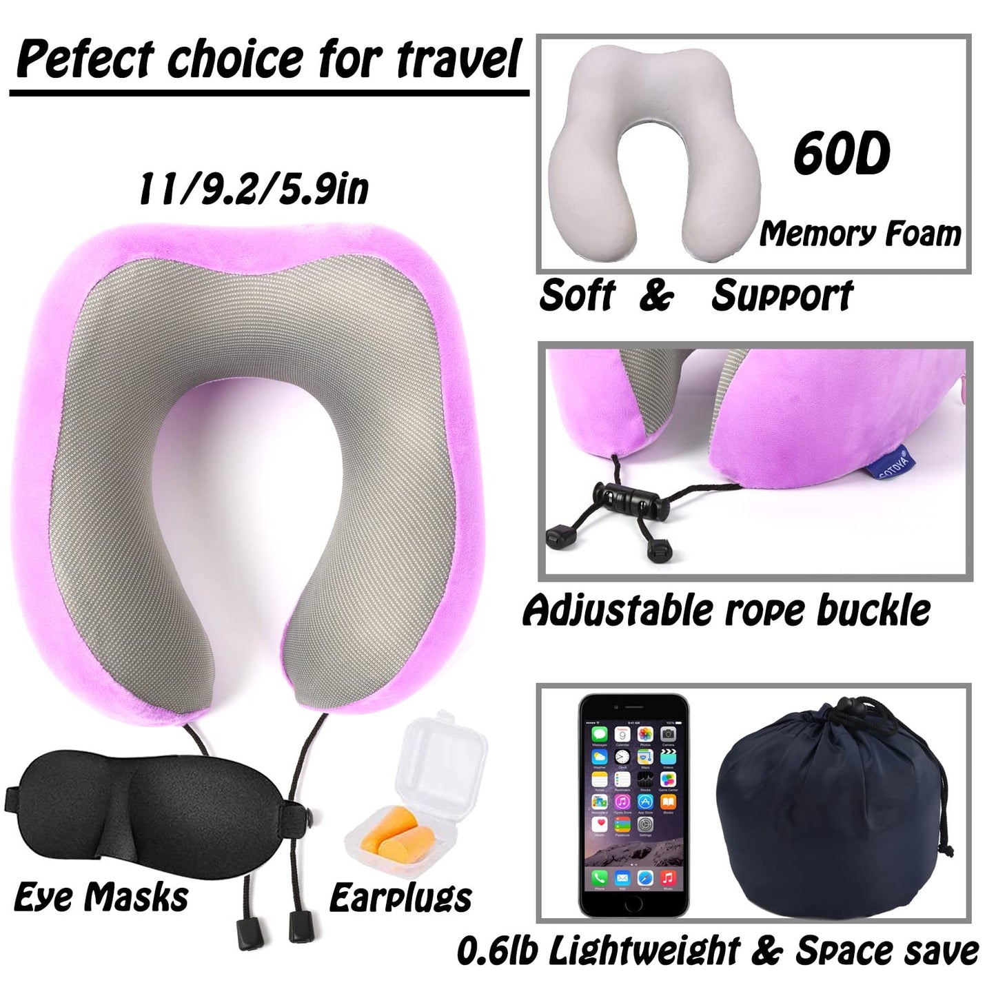 GOTDYA Travel Pillow,Travel Neck Pillows for Sleeping,100% Pure Memory Foam Soft Comfort & Support Pillow for Airplane/Car/Office&Home Rest Use-Violet