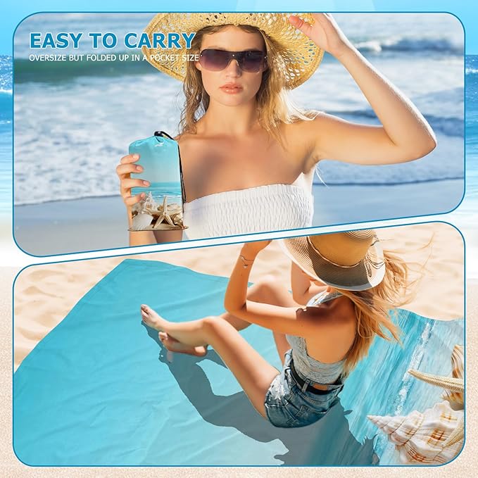 Beach Blanket Waterproof Sandproof, Shells Oversized Extra Large Picnic Mat 83"×95"/8 × 7 FT for 1-7 Adults for Travel Camping Hiking, Quick Drying Lightweight Outdoor Beach Vacation Essentials