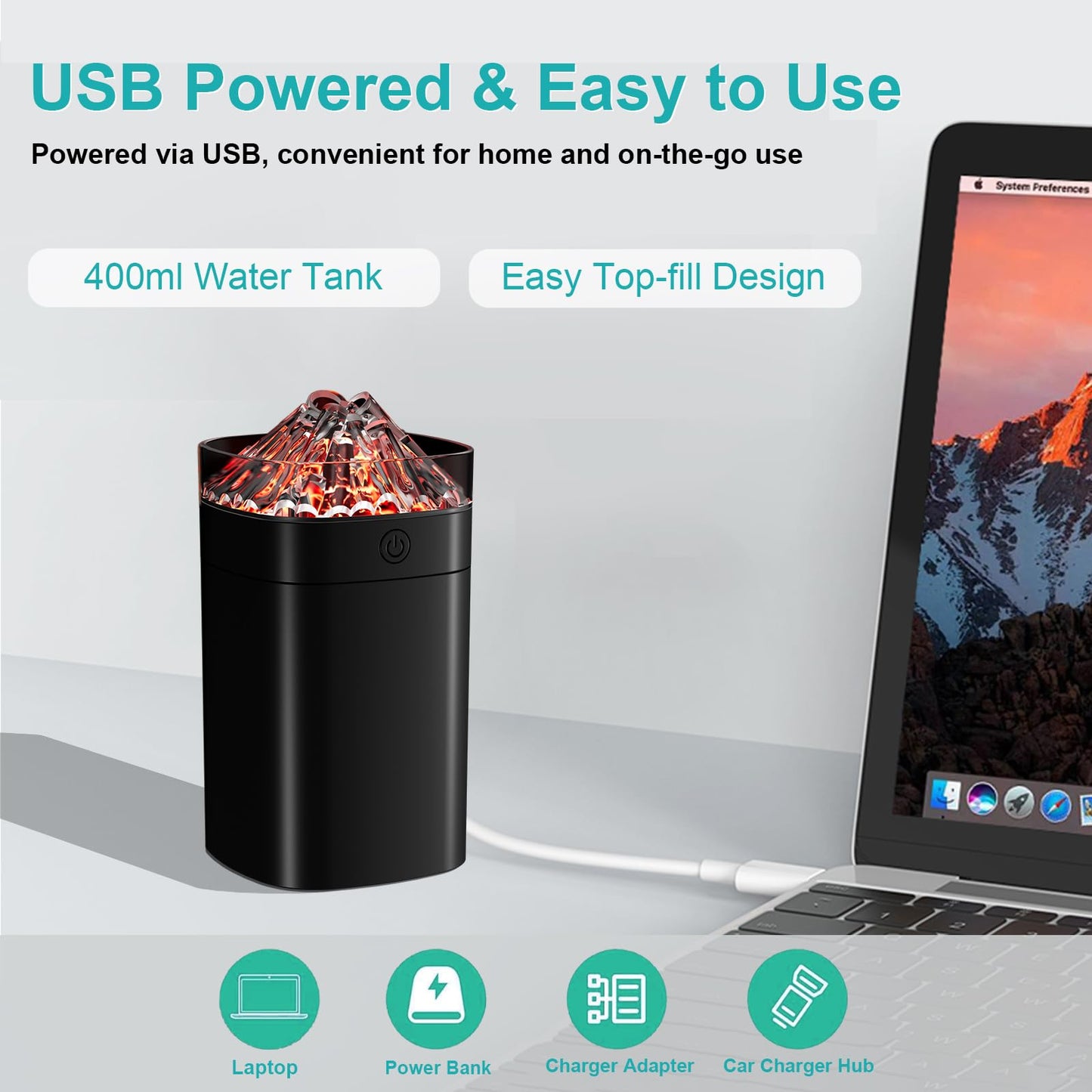 Portable Mini Humidifier, 400ml Small Humidifier with 2 Modes Large Spray, USB Personal Desktop Humidifiers for Home Bedroom Car Office Travel Yoga with 7 Color LED Light, Auto-Off, Bass Work(Black)