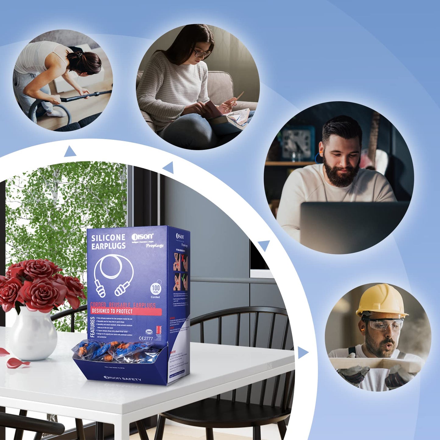 Dison 100Pairs Silicone Ear Plugs, 32dB Corded Reusable Earplugs for Hearing Protection, Noise Reduction for Shooting Range, Work, Travel