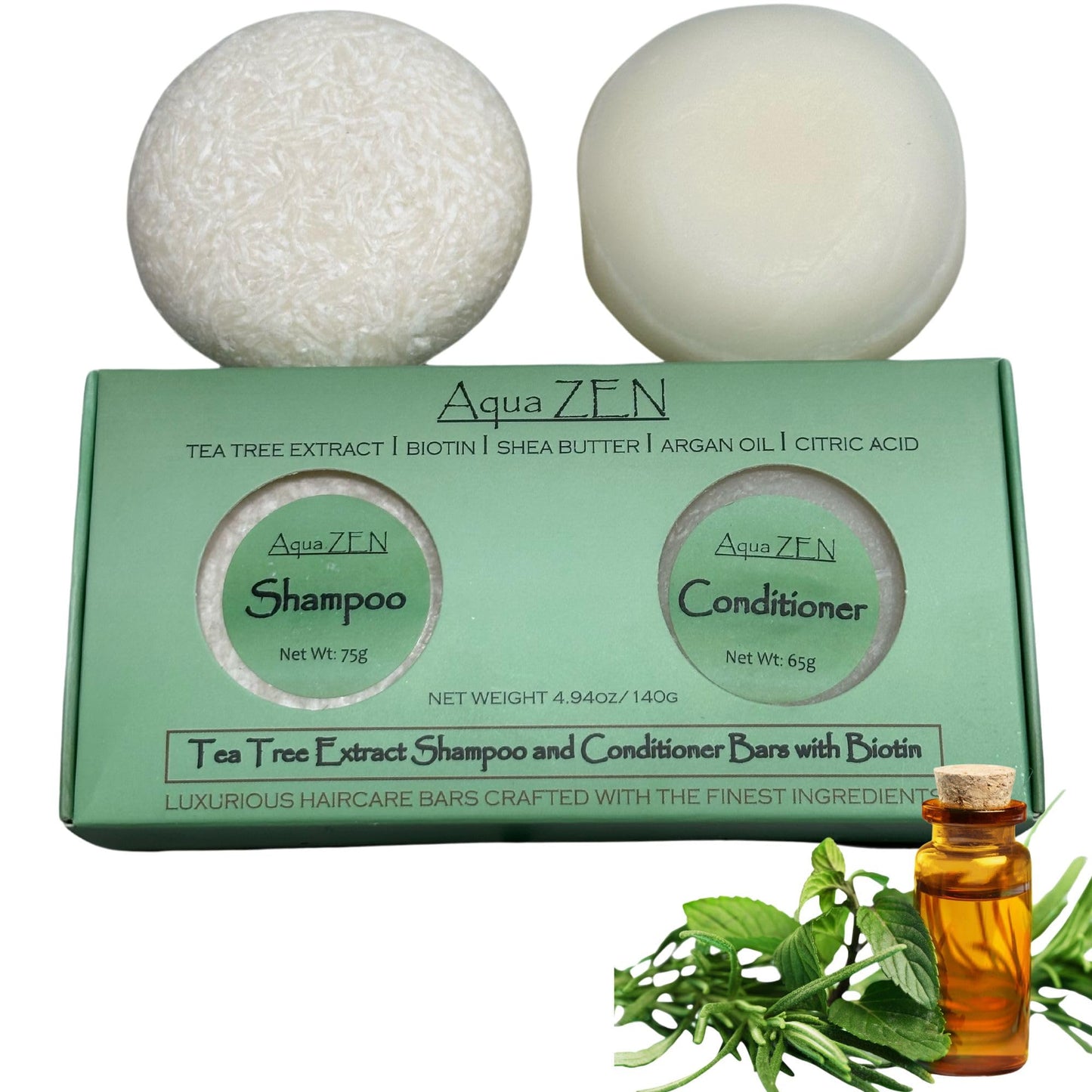 Tea Tree Shampoo & Conditioner Bars Set - Infused with Biotin, Argan Oil, Shea Butter, Citric Acid | Premium Hair Care for All Hair Types | Revitalizing & Nourishing | Travel Shampoo & Conditioner