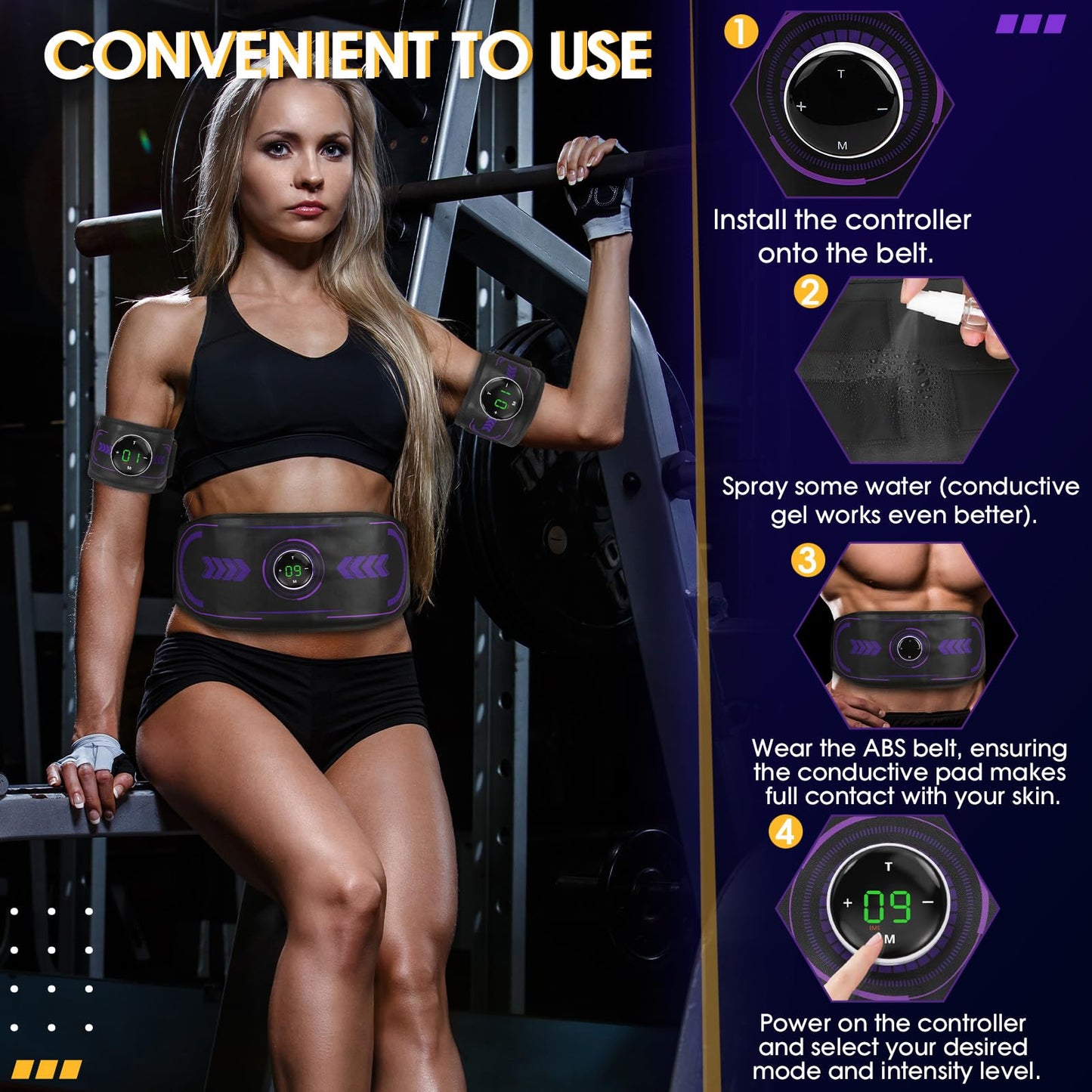 Abs Muscle Stimulator with TENS & PMS Function, Muscle Machine Workout Equipment, Ab Toning Belt for Abdomen/Arm/Leg, Ab Trainer for Home Gym Use