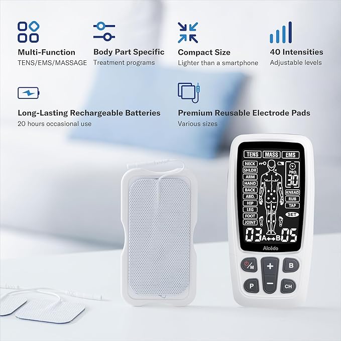 Alcedo TENS Unit + EMS Combination Machine Muscle Stimulator for Pain Relief, Electric Rechargeable Pulse Massager with 41 Modes for Back/Neck Pain Therapy