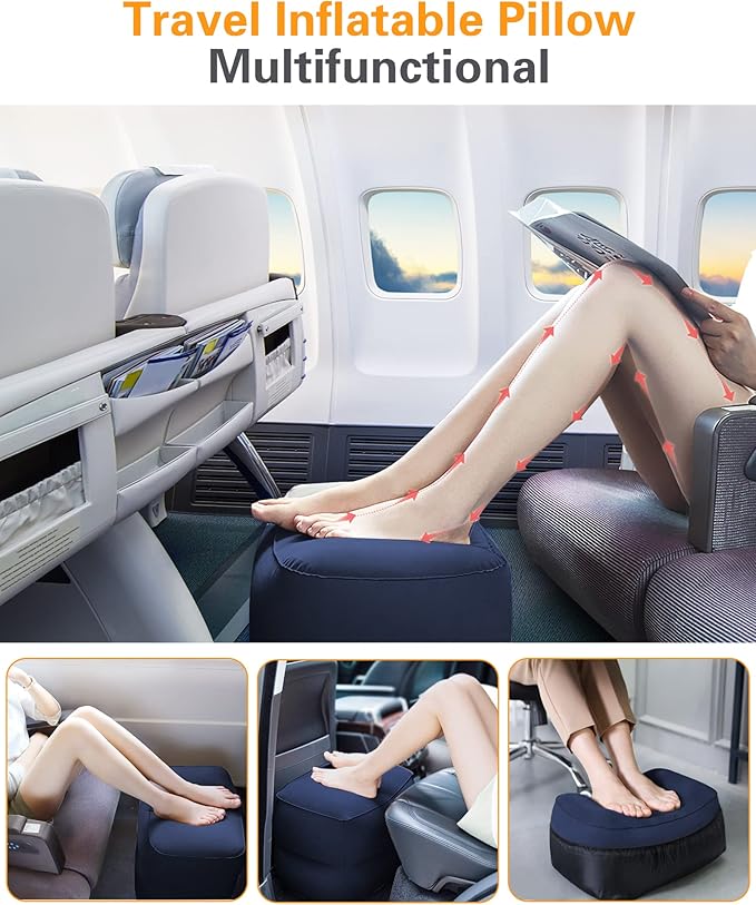 Sunany Inflatable Foot Rest Pillow for Travel, Kids/Adults Airplane Travel Pillow-Adjustable Height Cushions,for Kids to Sleep While Traveling,Suitable for Office, Home and Any Travel（Blue）