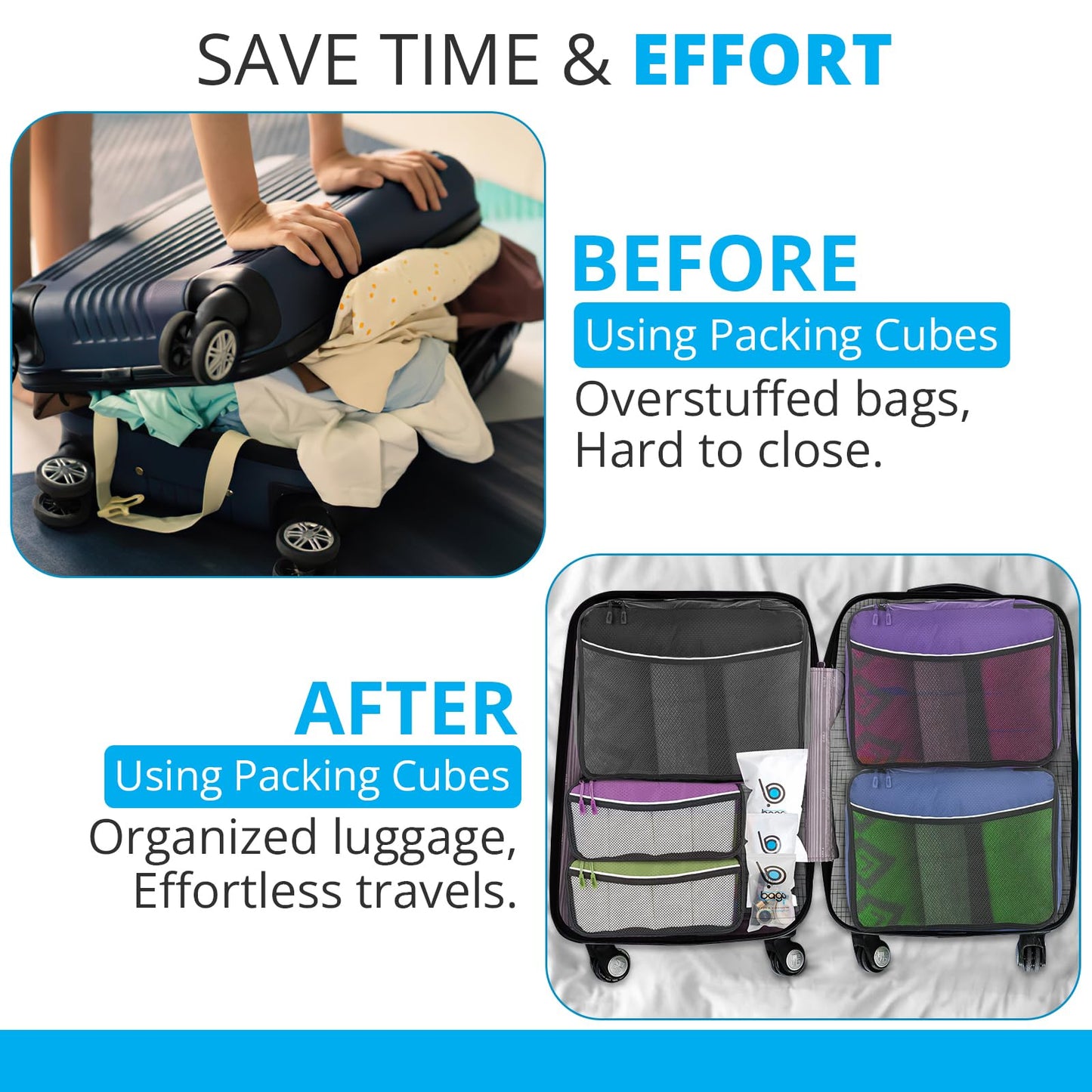 bago 8 Pcs Packing Cubes for Travel - 5 Travel Packing Cubes for Suitcases with 3 ZipLock Bags, Luggage Organizer Bags to Get Maximum Storage, Save Time & Effort to Pack (Black Blue Purple Green Pink)