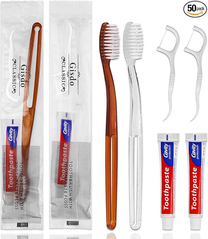 50 pcs Disposable Toothbrushes with Toothpaste Floss Individually Wrapped, 2 Color Disposable Toothbrush Bulk, 10g Toothpaste, Dental Floss Pick for Homeless,Airbnb,Hotel,Guest