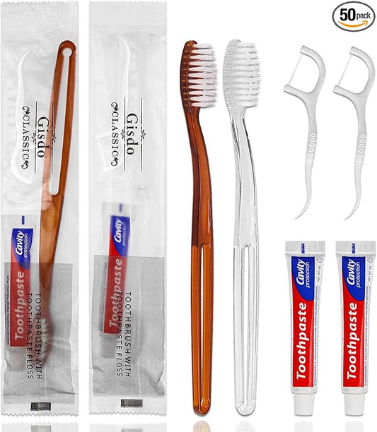 50 pcs Disposable Toothbrushes with Toothpaste Floss Individually Wrapped, 2 Color Disposable Toothbrush Bulk, 10g Toothpaste, Dental Floss Pick for Homeless,Airbnb,Hotel,Guest