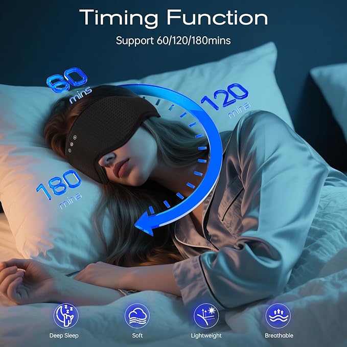 Sleep Mask with Bluetooth 5.4 Headphones, Removable 3D Eye Cups, Timing Sleeping Headphones for Side Sleepers, Wireless Music Eye Mask Speakers for Men, Women, Tech Gifts, Black
