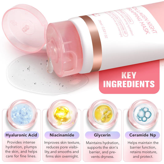 QwsYaay Collagen Night Wrapping Mask, Collagen Face Mask, Collagen Sleeping Mask, Collagen Facial Mask for Elasticity & Hydration, Hydrates and Tightens Skin, Reduces Sagging