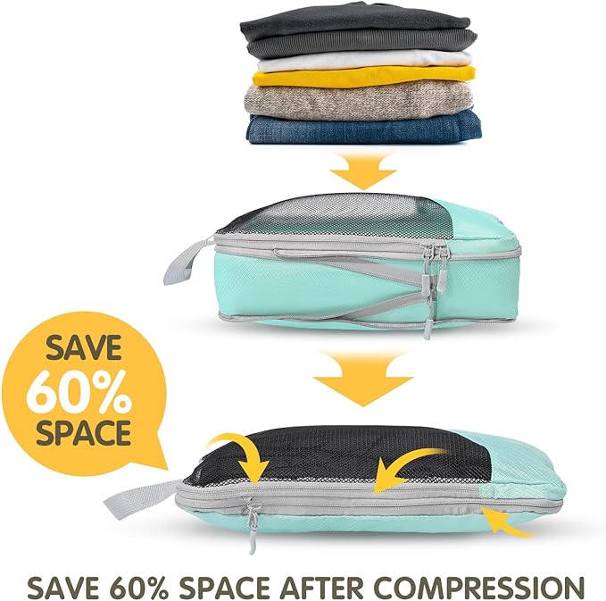 Compression Packing Cubes 8 Set, Dual Zipper Compression Packing Cubes for Travel, See-Through Mesh Packing Bags for Suitcases, packing cubes with shoe bag