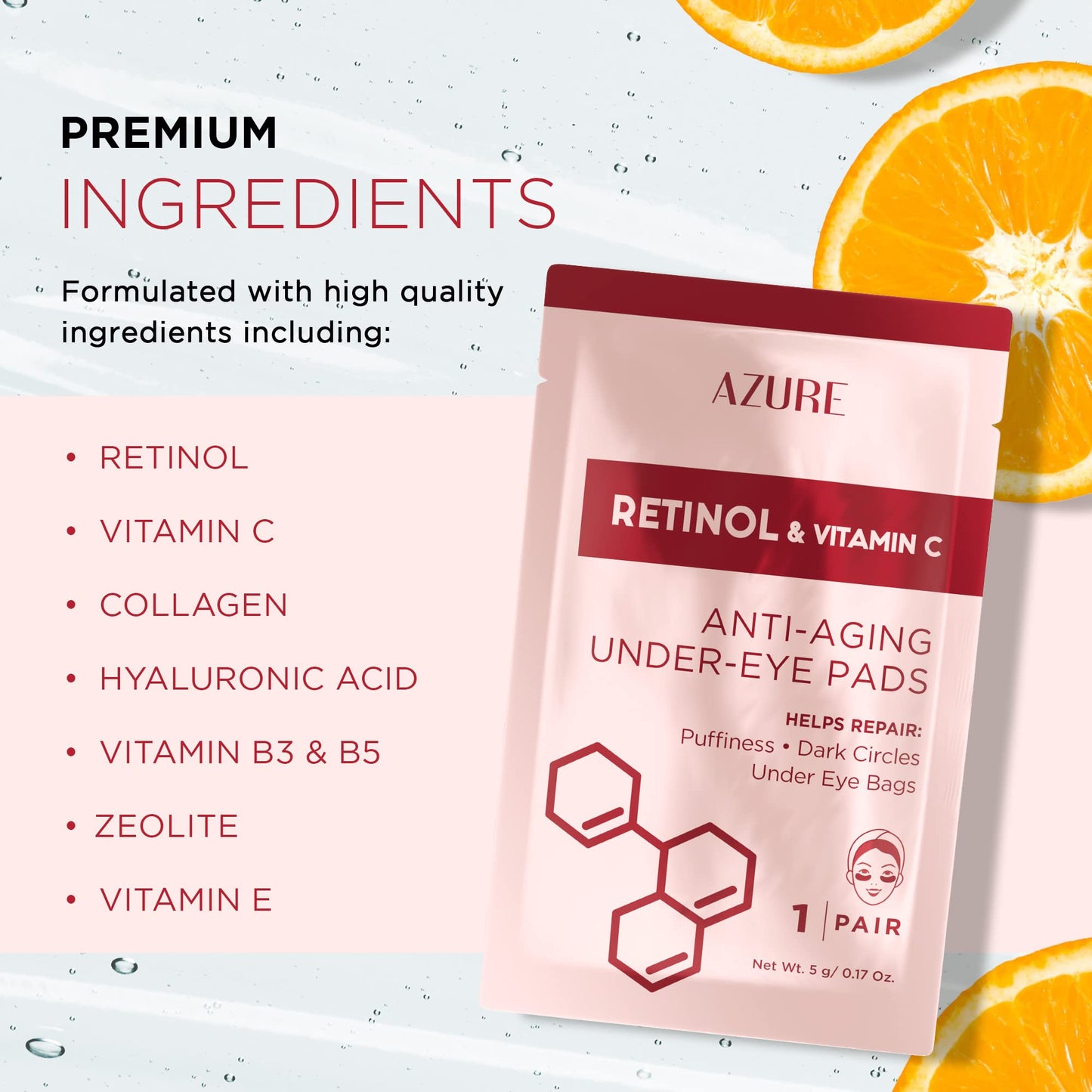 Azure Cosmetics Retinol & Vitamin C Anti Aging Under Eye Pads - Hydrating & Refreshing Eye Mask Patches - Reduces Fine Lines, Wrinkles, Dark Circles & Puffiness - Skin Care Made in Korea - 5 Pairs