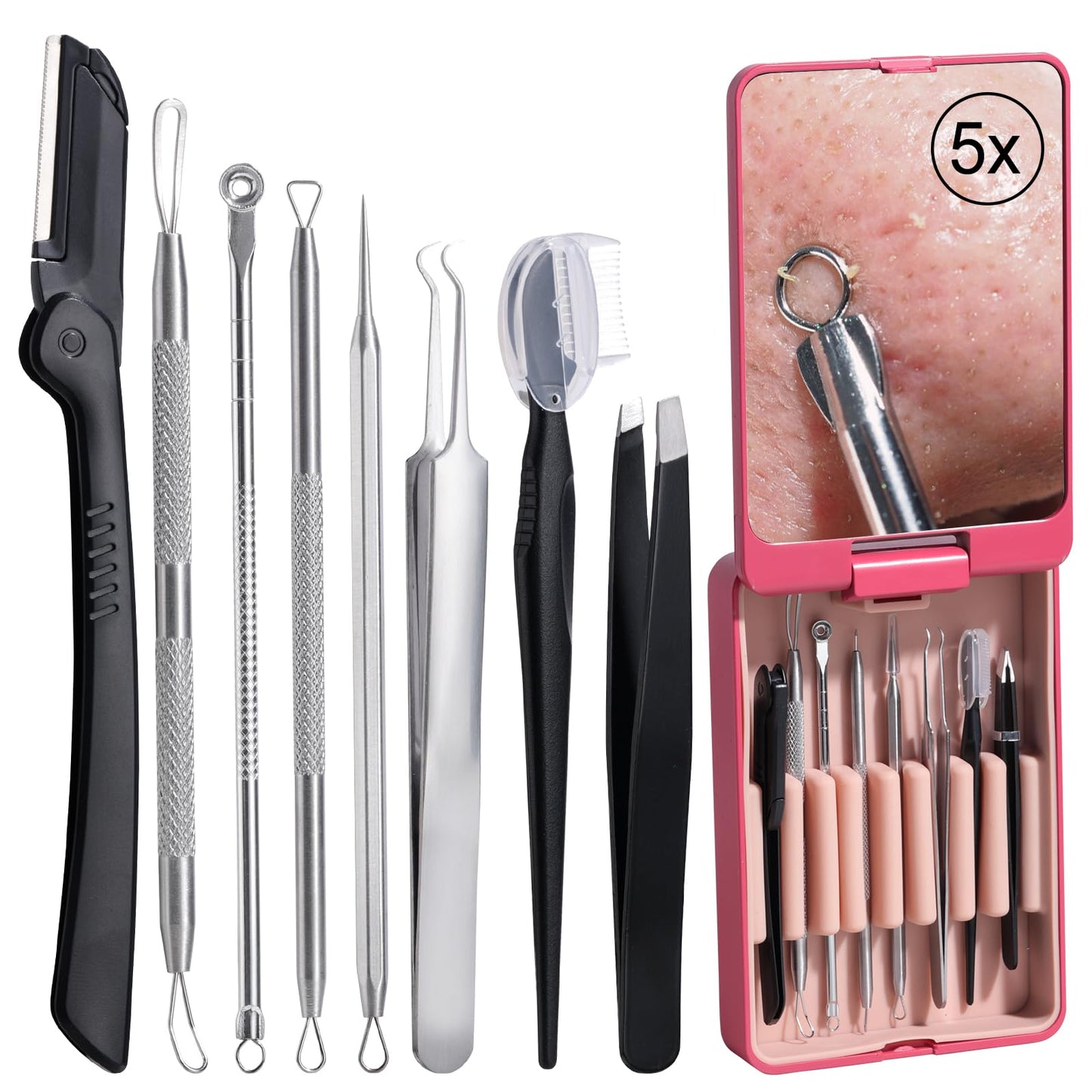 JPNK Blackhead Remover Tool Comedones Extractor Acne Removal kit & Eyebrow Trimmer Kit, 8PCS in One with 5X Magnifying Mirror