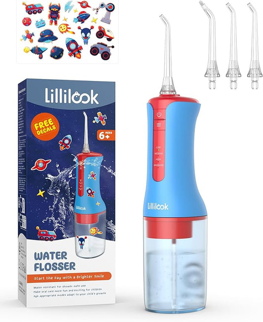 Kids Water Flosser Blue, Rechargeable Oral Irrigator for Kids Aged 6+, 4 Modes, 3 Jet Tips, Fun Stickers, Safe and Gentle Oral Care