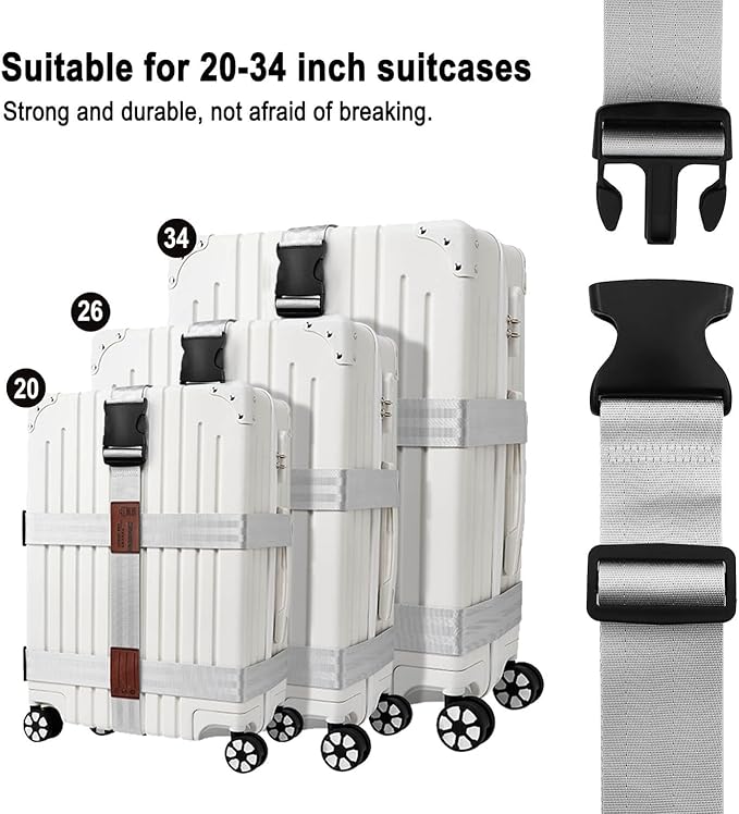 3-in-1 Luggage Straps, Luggage Belt Strap, Luggage Straps for Suitcases TSA Approved,Suitcase Belt Strap Bag Straps for Luggage Wraps and Buckle Straps (White 3-1)