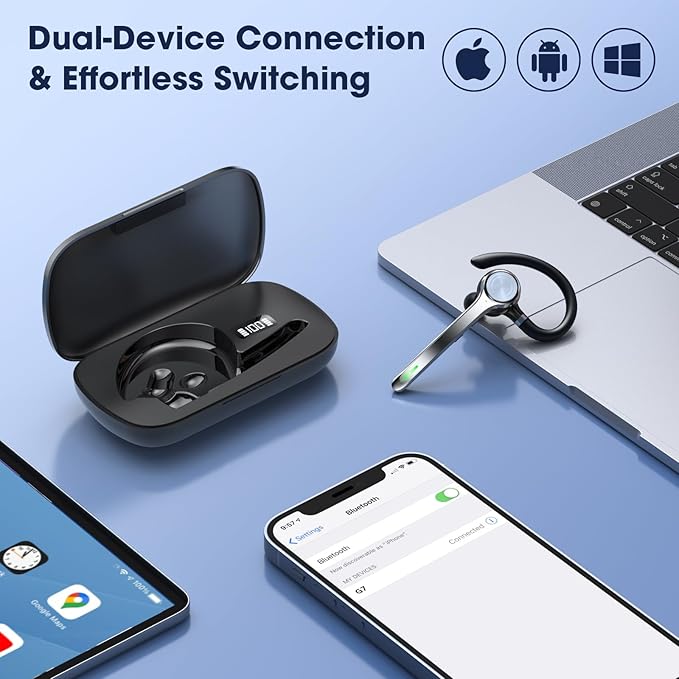 Bluetooth Headset, Wireless Earpiece with Upgrade Noise Canceling Mic,500mAh Charging Case Support 72H Talking Time,Hand-Free Headphones with Mute Button for Computer Cell Phones Trucker Work