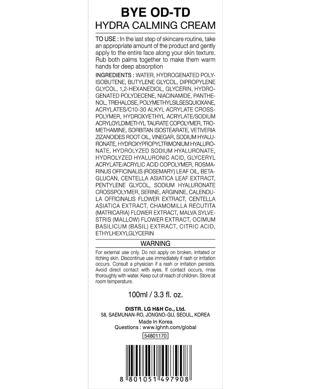 bye od-td Hydra Calming Cream (3.3fl oz) - Gentle Formula, Long Lasting Deep Hydration & Moisturizing Gel for Dry Skin, Barrier Repair, Korean Skin Care. Panthenol, CICA