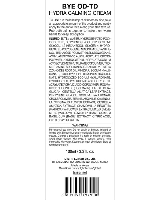 bye od-td Hydra Calming Cream (3.3fl oz) - Gentle Formula, Long Lasting Deep Hydration & Moisturizing Gel for Dry Skin, Barrier Repair, Korean Skin Care. Panthenol, CICA