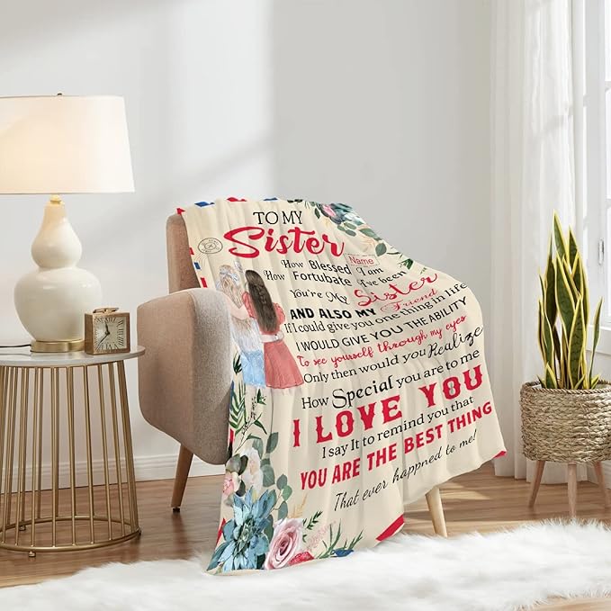 to My Sister Blanket Birthday Gift, Flower Floral Sister Christmas Blanket Gift, Ultral Soft Cozy Warm Flannel Fleece to My Bestie Blanket Suit for Sofa, Couch, Bed, Travel, Sofa 60"x50" M for Teens