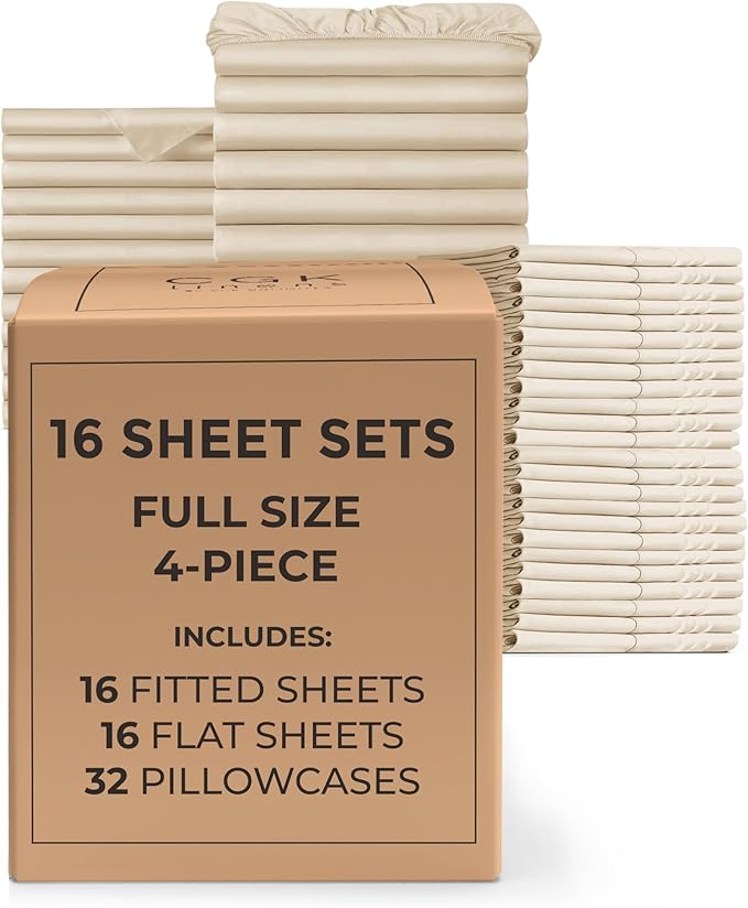 Bulk Case Pack of 16 Sheet Sets - (16) Complete Full Size Sheet Sets with Deep Pockets - Wholesale Bulk Bedding for Hotels, Spas & Airbnbs - Breathable, Cooling, Soft & Wrinkle Free - (Full, Wheat)