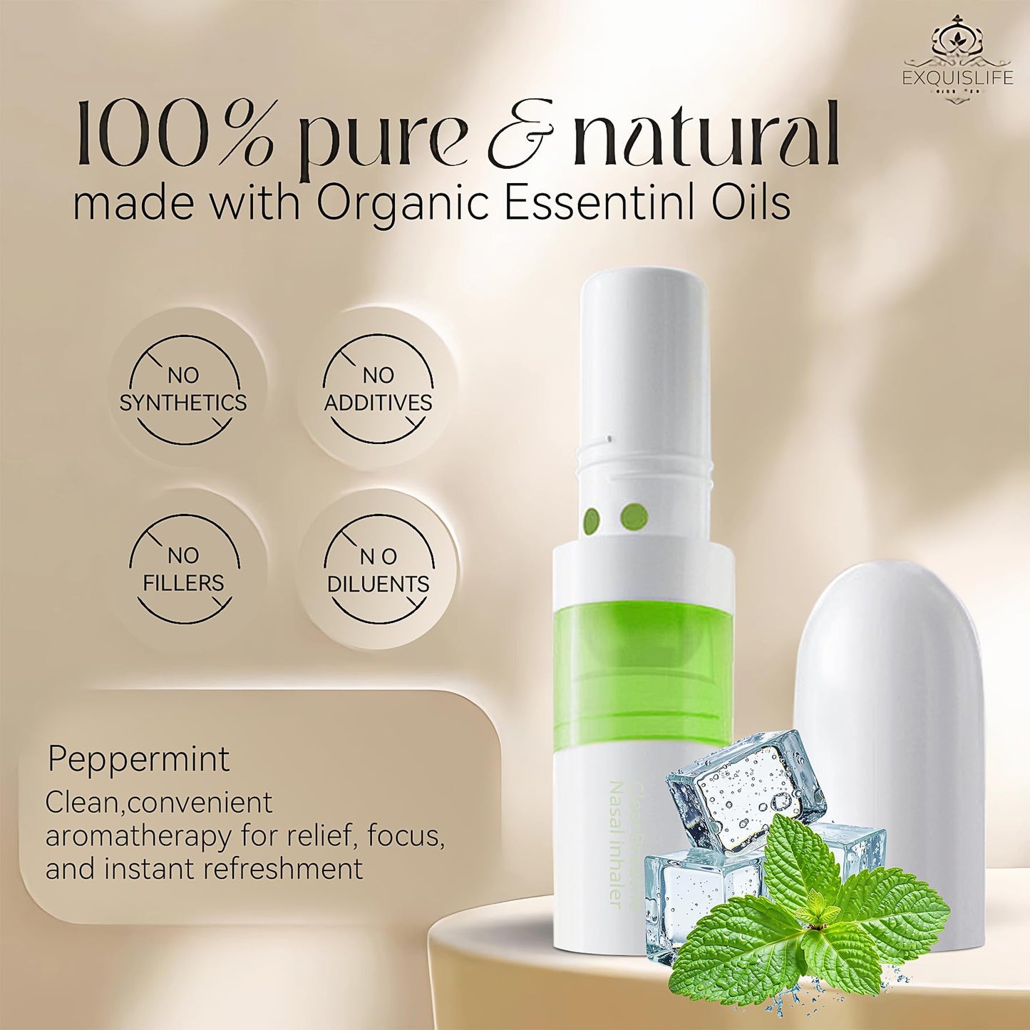 EXQUISLIFE Mint Nasal Stick with Peppermint Oil - Drug-Free Portable Nasal Inhaler for Sinus Relief & Mental Clarity, Soothing Aromatherapy Stick for Adults & Students, 1 Count (1)