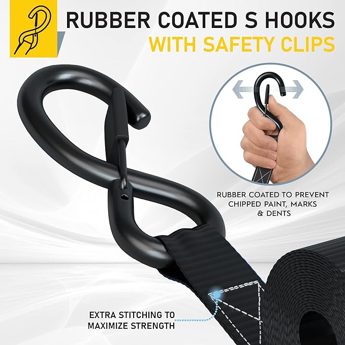 AUGO Ratchet Straps Heavy Duty 4 Pack -15 FT - 2200 LB Break Strength – with Safety Lock S Hooks - Cargo Straps for Moving, Appliances, Motorcycle – Soft Loop Tie Down Straps