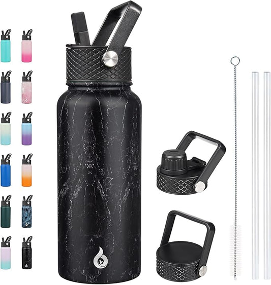 BJPKPK Insulated Water Bottles with Straw Lid, 32oz Metal Large Water Bottle with 3 Lids, Reusable Leak Proof BPA Free Thermo, Stainless Steel Tumblers for Sports, Gym, Travel-Midnight