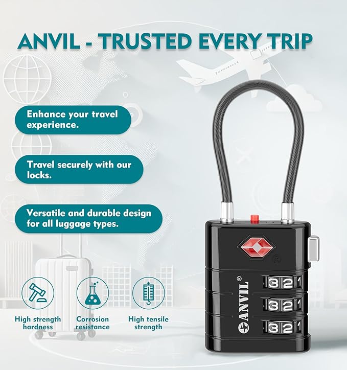 ANVIL TSA Approved Luggage Locks – High Security TSA008 Combination Travel Locks with Inspection Indicator for Suitcases and Backpacks. (1, Black)