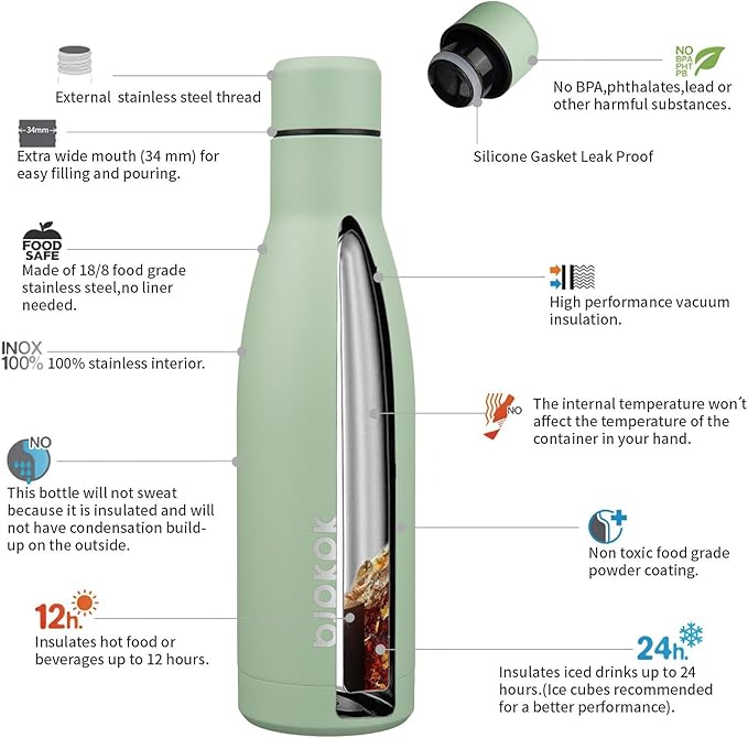 BJPKPK 17oz Insulated Water Bottles Stainless Steel Sports Water Bottles Keep Cold and Hot for Travel Dishwasher Safe,Macaron Green