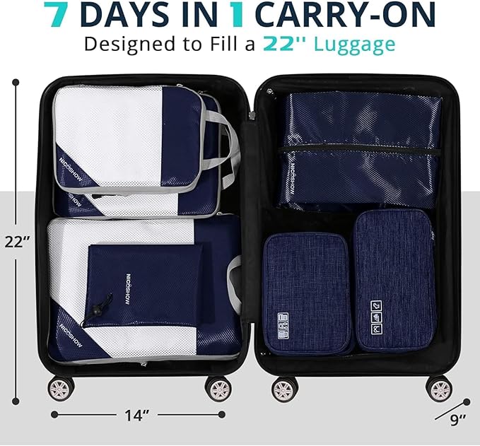 7 Set Compression Packing Cubes for Travel - Compressible, Lightweight, and Space-Saving Packing Cubes, Travel Essentials for Women, Navy