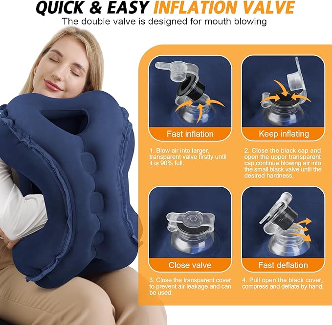 Inflatable Travel Pillow,Multifunction Travel Neck Pillow for Airplane to Avoid Neck and Shoulder Pain,Support Head,Neck,Used for Sleeping Rest, Airplane and Home Use,with Eye Mask, Earplugs,Blue