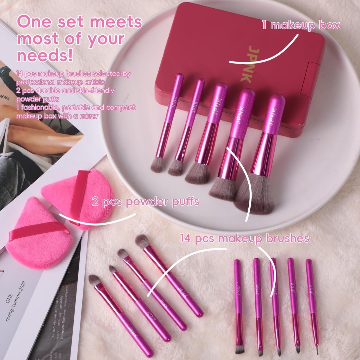 JPNK Travel Makeup Brush Set Foundation Powder Concealers Eye Shadows Makeup Set with 5X Magnifying Mirror Box