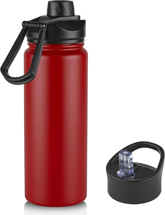 24oz Insulated Water Bottle with Straw Lid, Stainless Steel Metal Water Bottle with Straw & Wide Mouth Lid, Double Wall Vacuum Water Bottle for Hiking Camping, Red 1 Pack