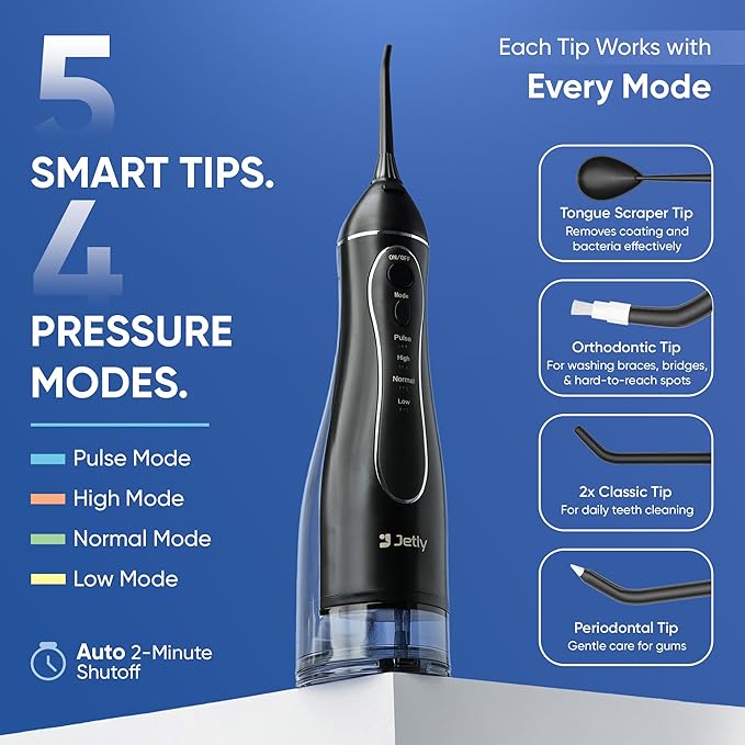 JETLY Water Dental Flosser Teeth Pick Cleaner: Travel Cordless Oral Irrigator 300ML Capacity Portable Rechargeable IPX7 Waterproof Electric Flossing Machine for Teeth Cleaning (Black)