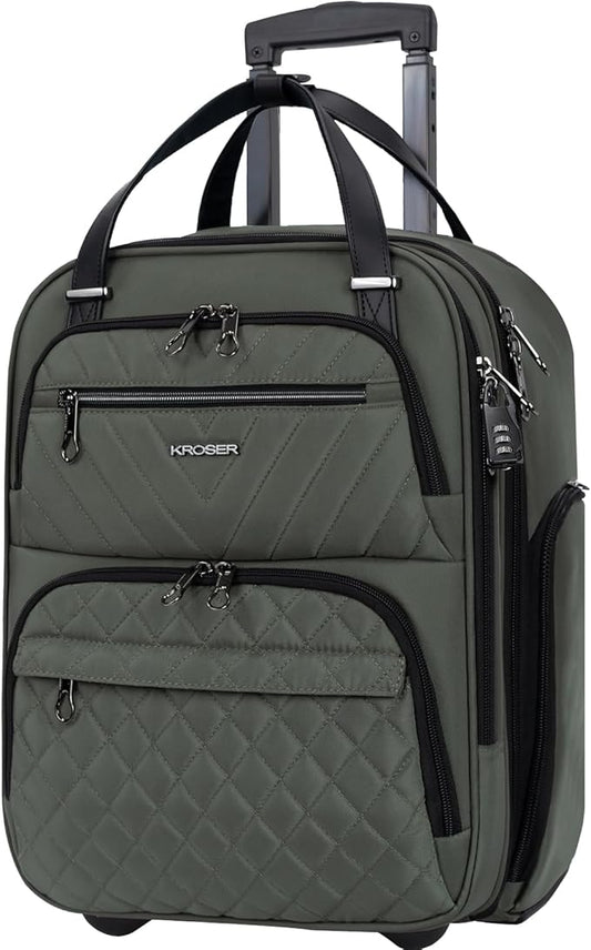 KROSER Carry On Underseat Multi-functional, 16-inch Underseater Lightweight Overnight Suitcase for Women, Army Green