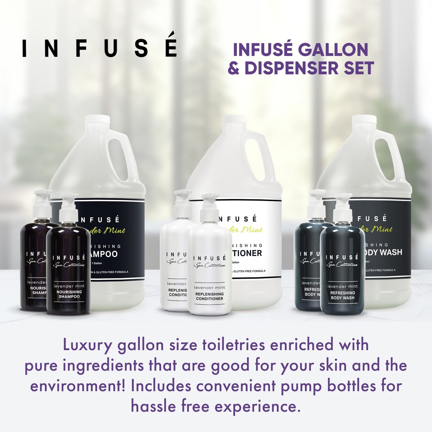 Infuse Lavender Mint Gallon & Dispenser Set | 1-Shoppe Amenities Kit | Shampoo, Conditioner, Body Wash | Refillable 10.14 oz Pump Bottles