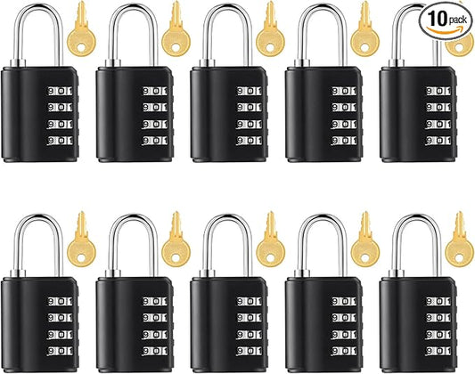 Kenning 10 Pcs Combination Padlock 4 Digit Combination Lock with Keys Locker Resetable Security Outdoor Waterproof Gate Lock for School Sports Gym Locker Employee Fence Case (Black)