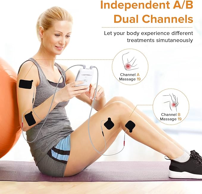 4 in 1 TNES Unit Muscle Stimulator Rechargeable Dual Channel EMS Muscle Massager Electronic Pulse Machine 36 Modes for Pain Relief Therapy,12 PCS TENS Unit Electrode Pads,Storage Case