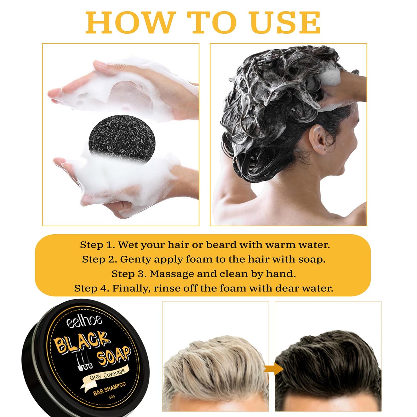 Gray Hair Reverse Bar Soap, Natural Black Soap for Hair & Beard Darkening,Darkening Shampoo Bar with Ginseng & Black Sesame, Vegan, Deep Cleans & Nourishes Scalp, 2PACK