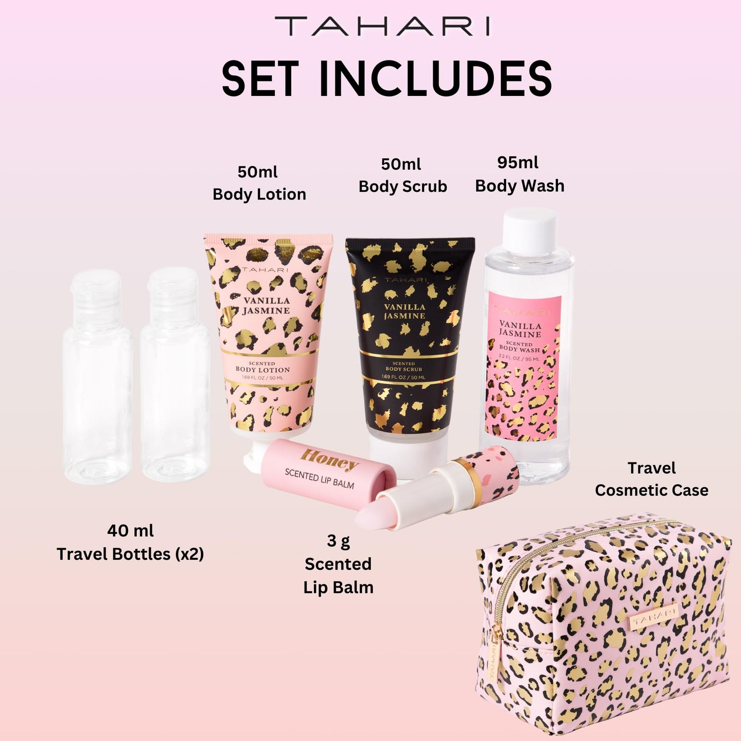 Tahari Vanilla Jasmine Spa Gift Set for Women – Luxurious Bath Kit with Body Lotion, Body Scrub, Body Wash & Lip Balm with Bag – Perfect Selfcare Gifts for Women (Leopard)