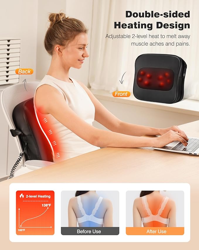 Back Massager with Heat-Shiatsu Neck Massagers Deep Tissue Kneading Massage Pillow for Lower Back Leg Shoulder-Lumbar Support Pillow for Office Chair, Gifts for Mom Dad Women Men