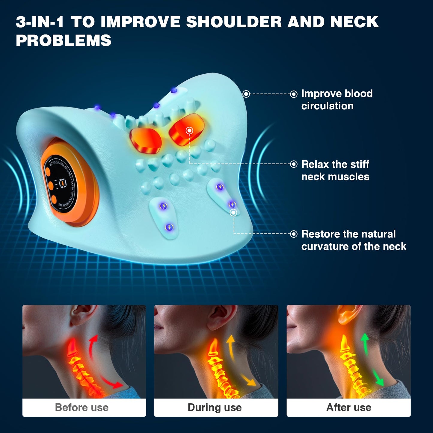 Neck Massager 2025, Neck and Shoulder Relaxer with Heat, 3 Modes, Portable Pillows for Pain Relief and Muscle Relax, 26° Angle Cervical Traction Device for Back, Shoulder